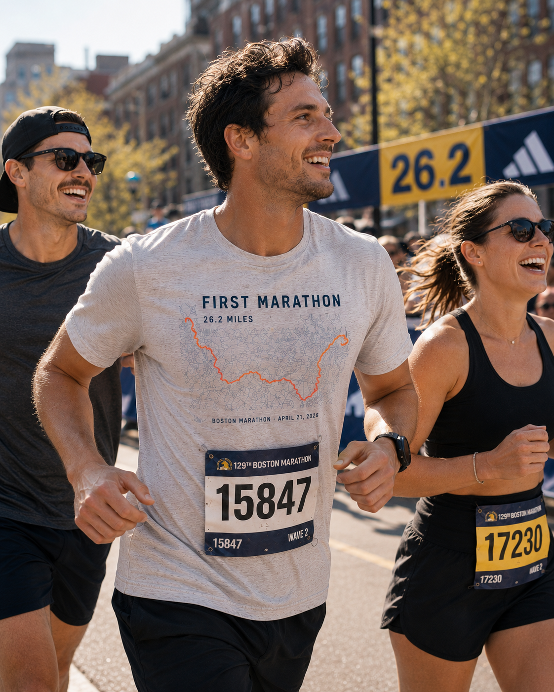 Runners at the Boston Marathon wearing PacePrint first marathon shirts