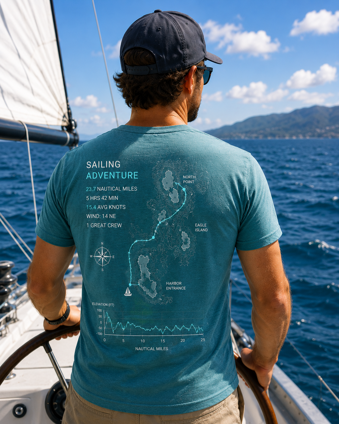 Sailor wearing a PacePrint teal shirt showing a sailing adventure GPS route on the back.