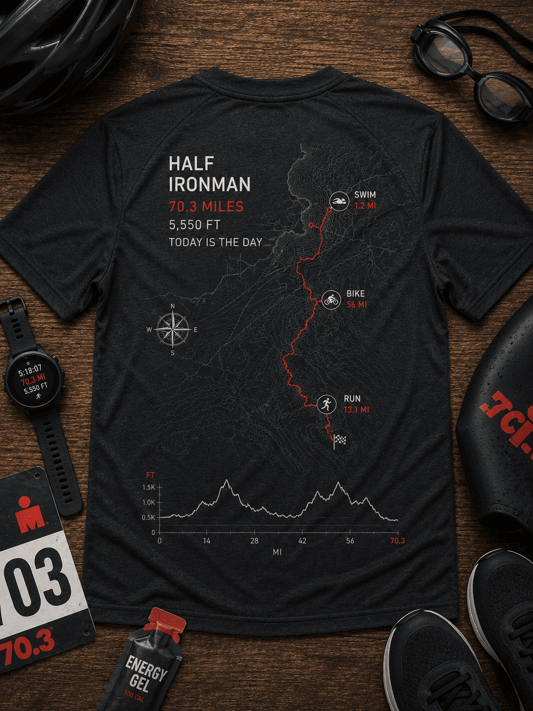 Half Ironman triathlon shirt with swim, bike, and run route milestones on a performance tee.