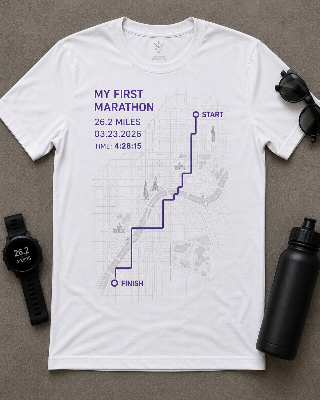 My First Marathon shirt with purple route map, finish time, and flat-lay props including a sports watch.