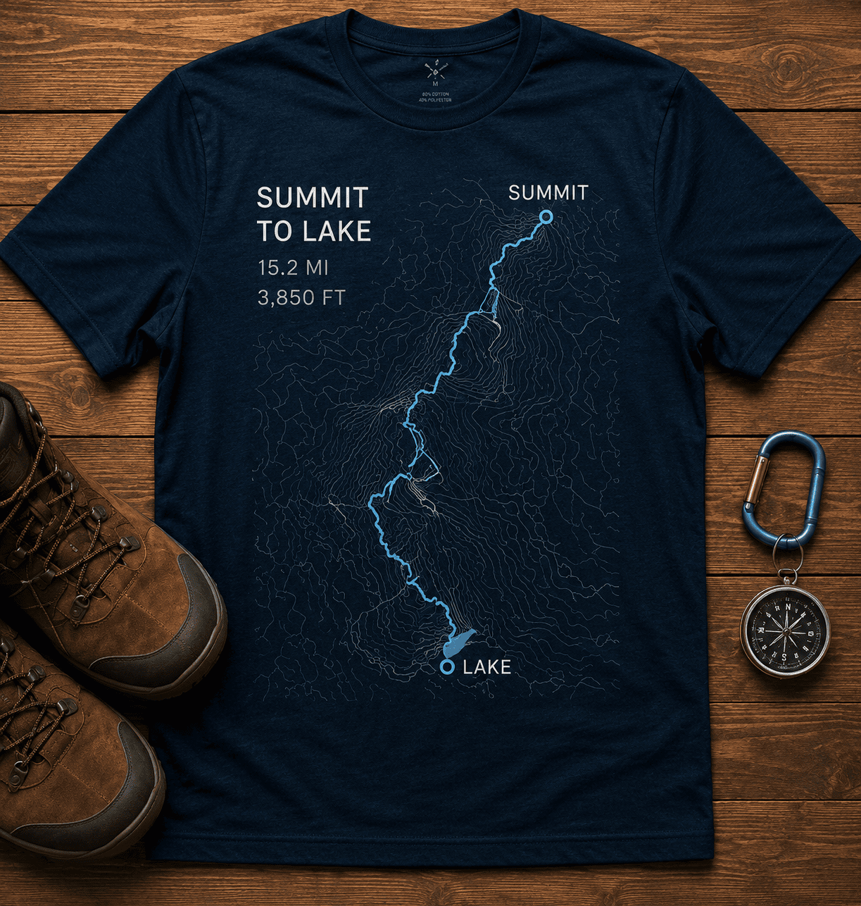 Summit to Lake hike shirt with crisp topographic lines and a bold blue route on navy cotton.