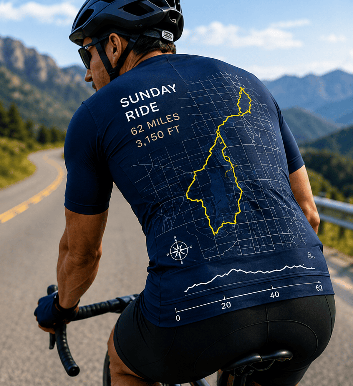 Cyclist wearing a PacePrint Sunday century shirt with route map and ride stats.