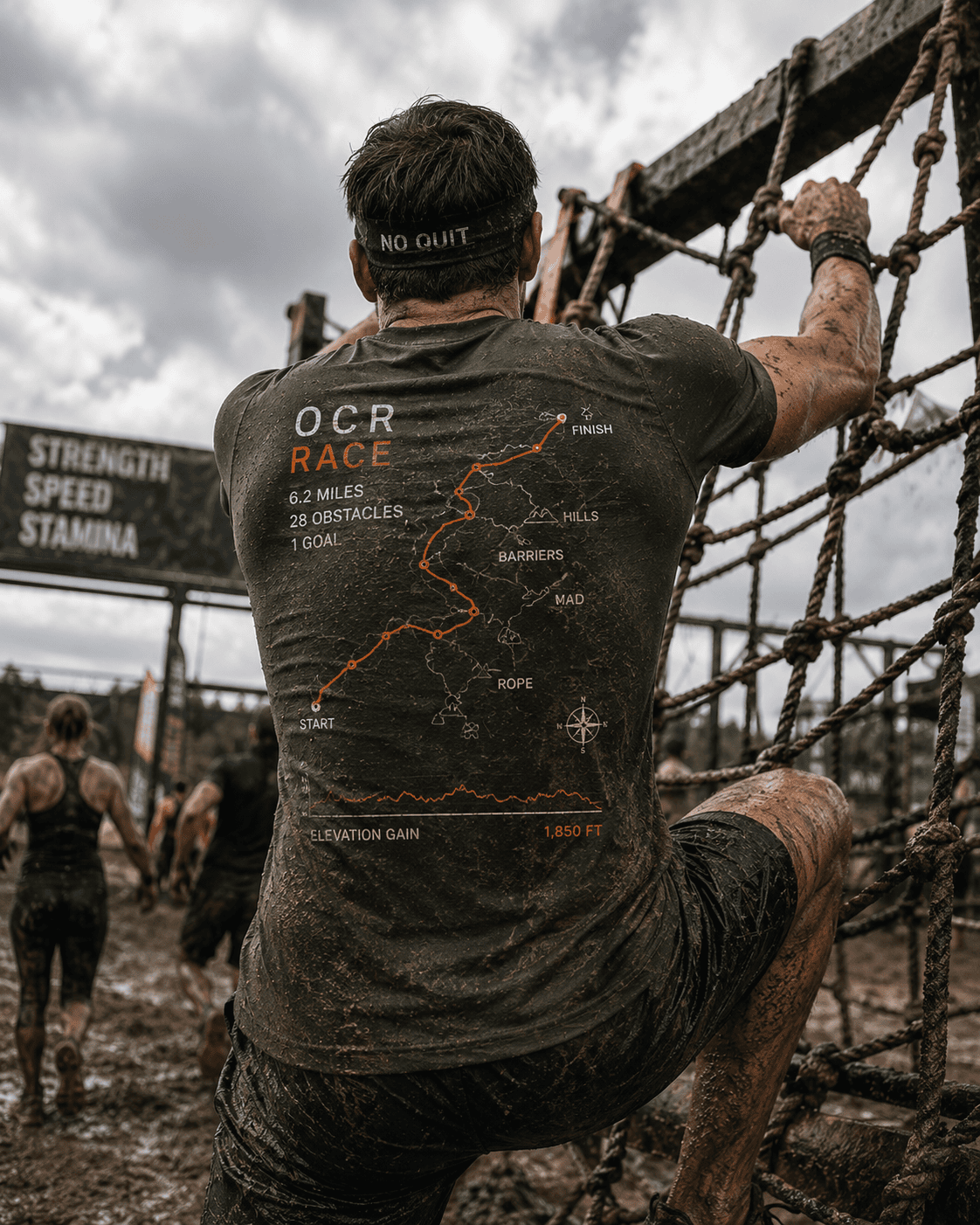 OCR athlete wearing a PacePrint mud run shirt with obstacle course route map.