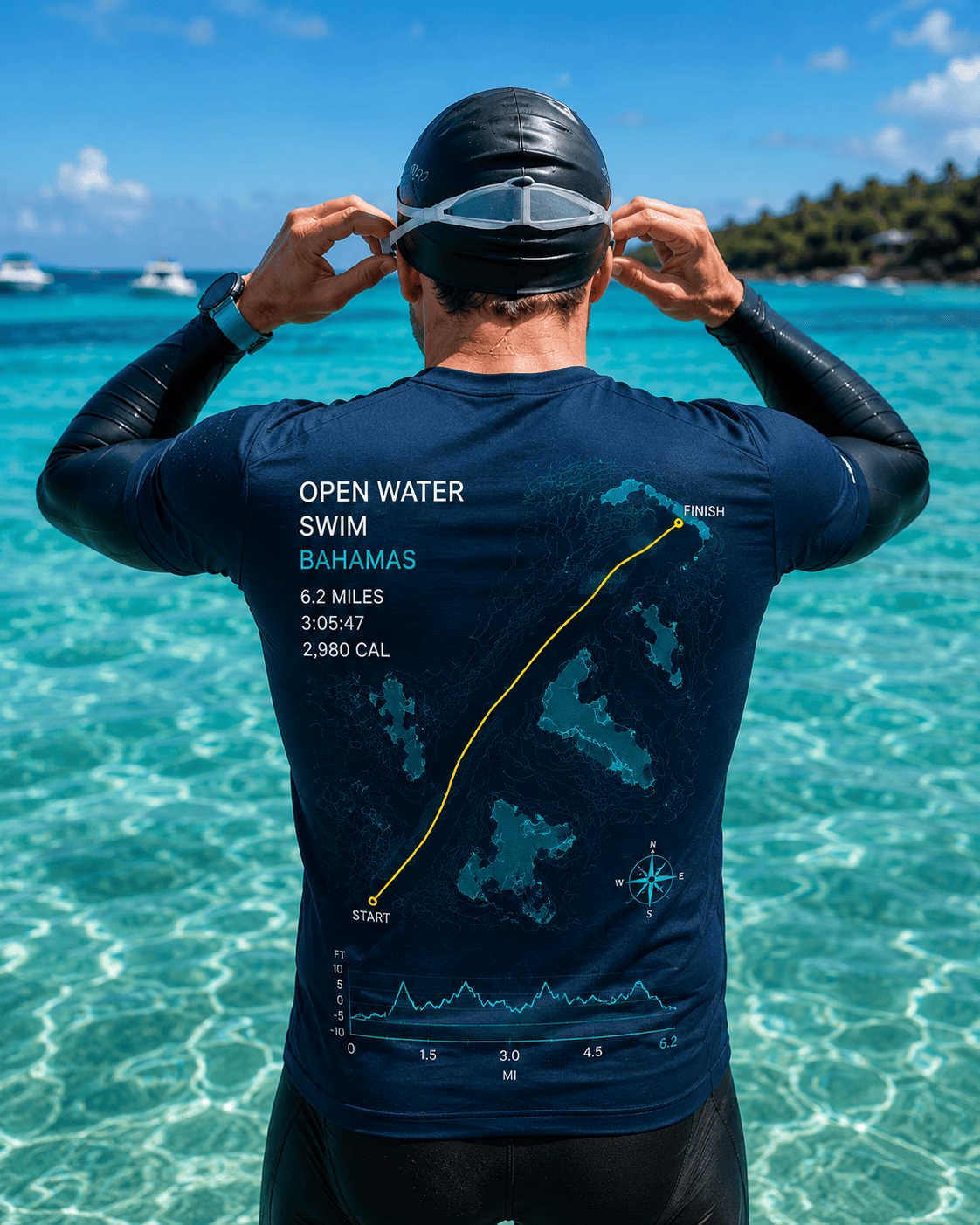 Open-water swimmer wearing a PacePrint Bahamas crossing route shirt.