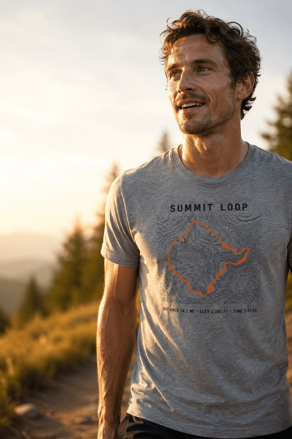 Man wearing a PacePrint Summit Loop shirt with route map and trail stats on a golden-hour hike.